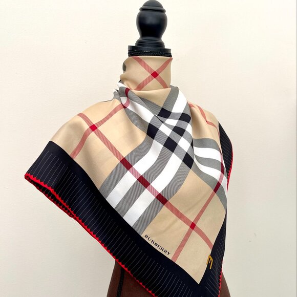 NWT Burberry Scarf Logo Iconic Beige Check Black Red Border Silk Wrap - Picture 1 of 13